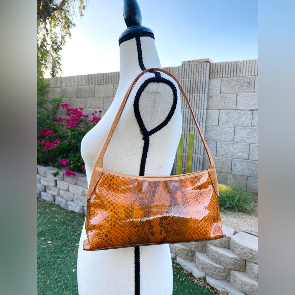Vintage 90s/Y2K pumpkin orange real leather snakeskin print shoulder bag
